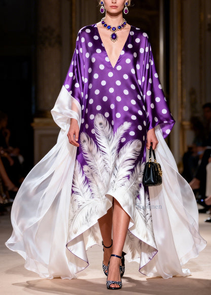 French V Neck Asymmetrical Design Print Silk Robe Dresses Summer