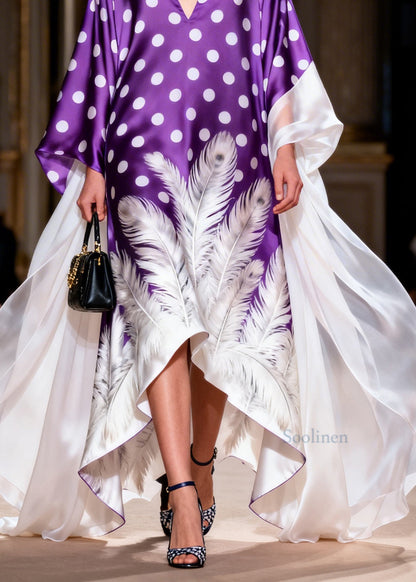 French V Neck Asymmetrical Design Print Silk Robe Dresses Summer