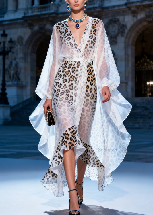 French V Neck Asymmetrical Design Ruffled Print Chiffon Dress Summer