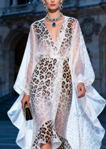 French V Neck Asymmetrical Design Ruffled Print Chiffon Dress Summer