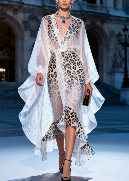 French V Neck Asymmetrical Design Ruffled Print Chiffon Dress Summer