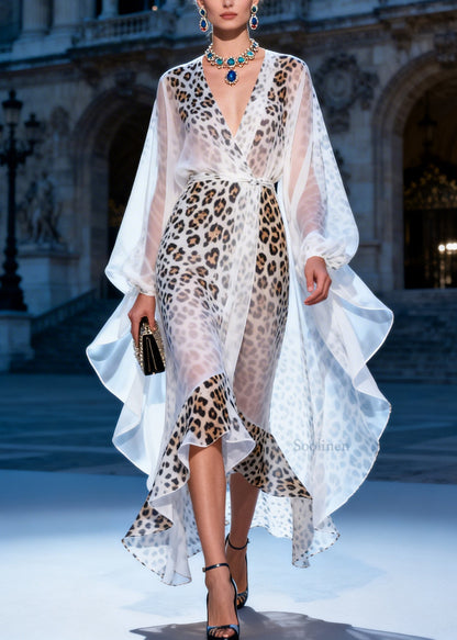 French V Neck Asymmetrical Design Ruffled Print Chiffon Dress Summer
