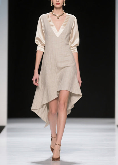 French V Neck Asymmetrical Patchwork Linen Silk Dresses Summer