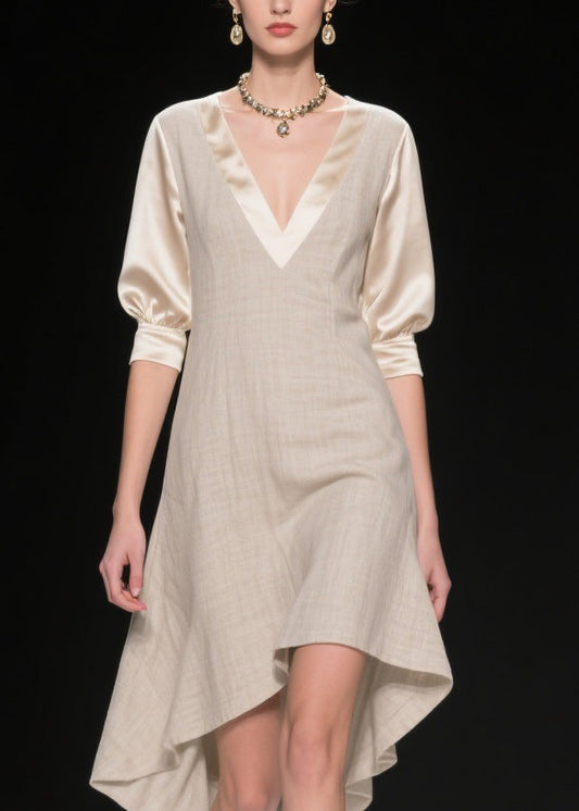 French V Neck Asymmetrical Patchwork Linen Silk Dresses Summer