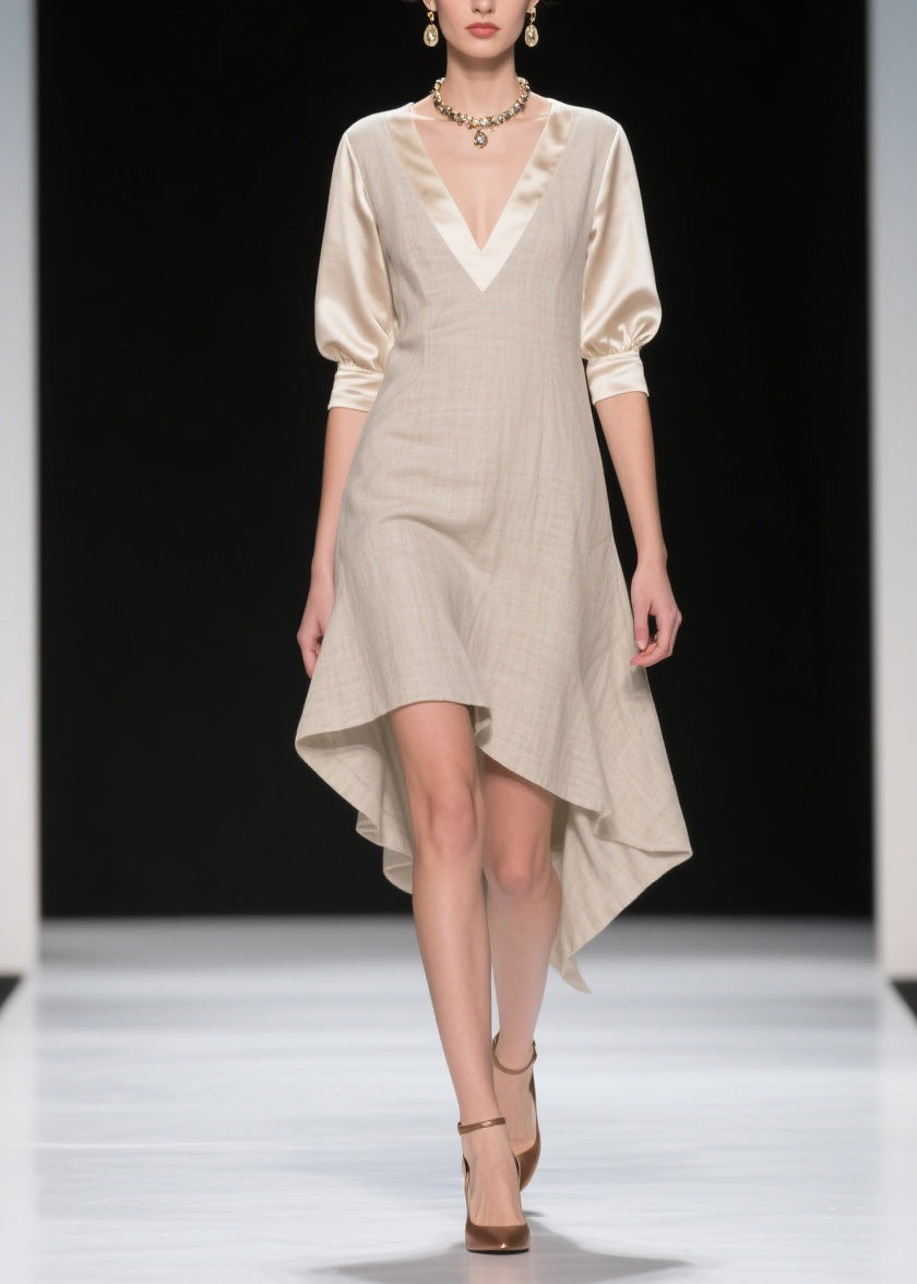 French V Neck Asymmetrical Patchwork Linen Silk Dresses Summer