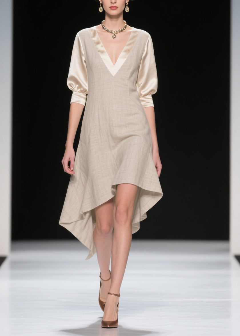 French V Neck Asymmetrical Patchwork Linen Silk Dresses Summer