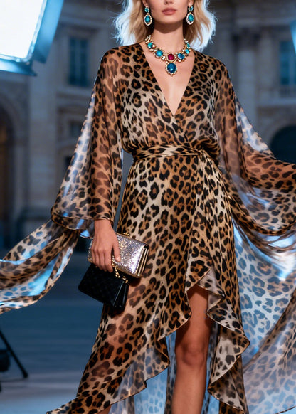 French V Neck Leopard Print Asymmetrical Design Chiffon Dress Summer