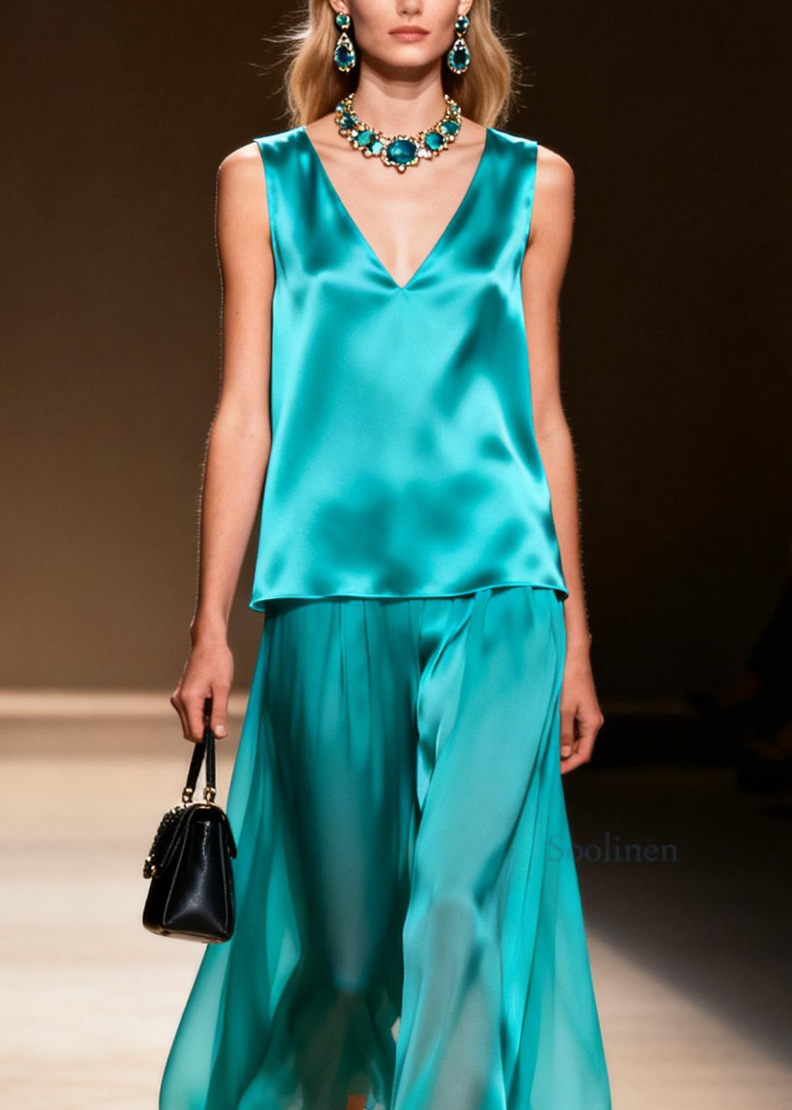 French V Neck Patchwork False Two Pieces Silk Dresses Sleeveless