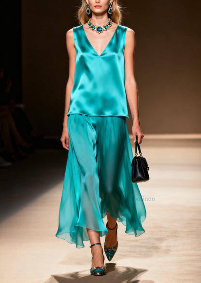 French V Neck Patchwork False Two Pieces Silk Dresses Sleeveless