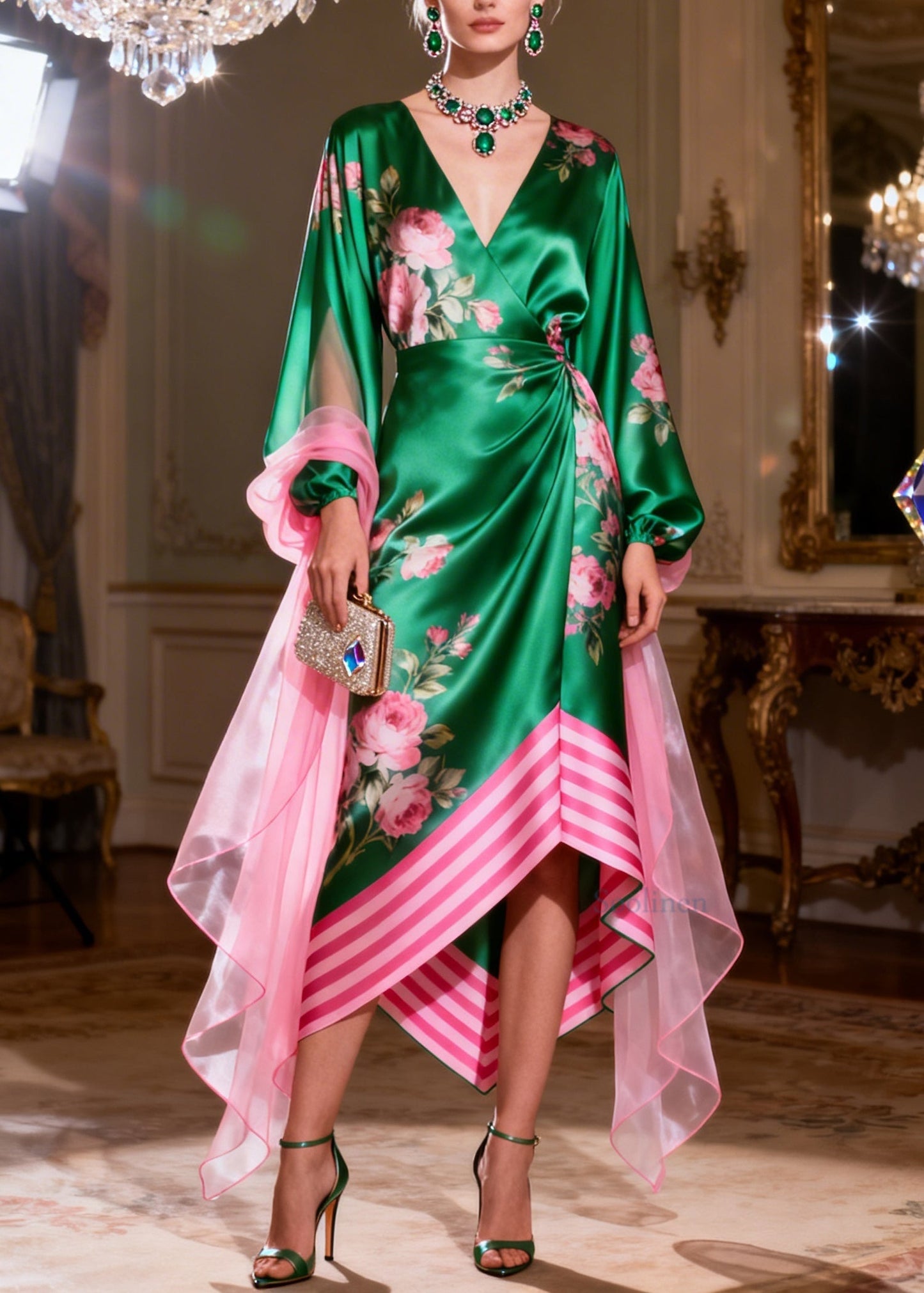 French V Neck Print Asymmetrical Design Silk Maxi Dress Summer