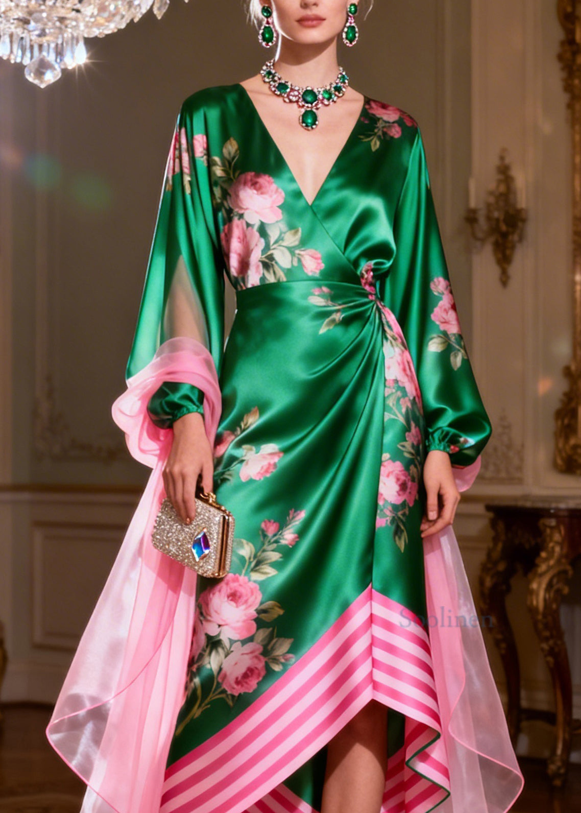 French V Neck Print Asymmetrical Design Silk Maxi Dress Summer