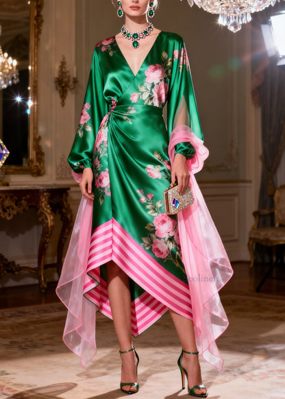 French V Neck Print Asymmetrical Design Silk Maxi Dress Summer