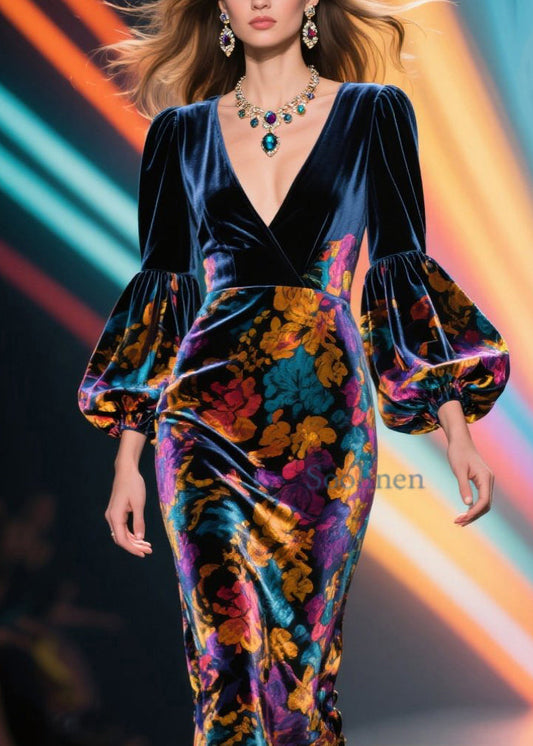Französisches langes Samtkleid mit V-Ausschnitt, Patchwork-Print und Laternenärmeln
