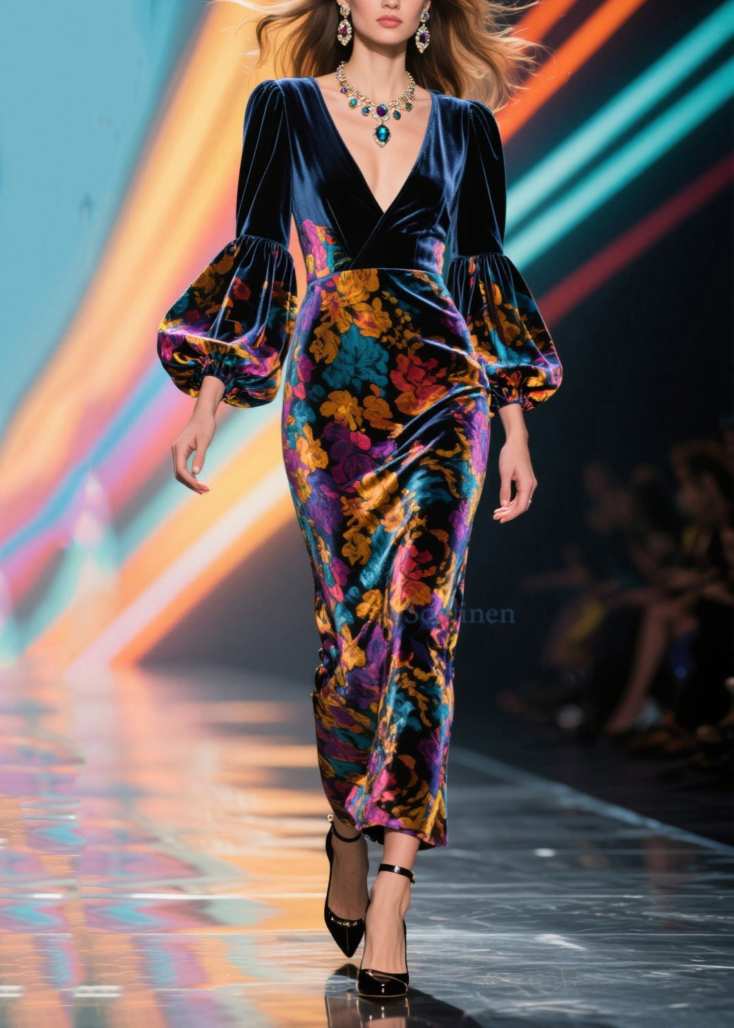 Französisches langes Samtkleid mit V-Ausschnitt, Patchwork-Print und Laternenärmeln