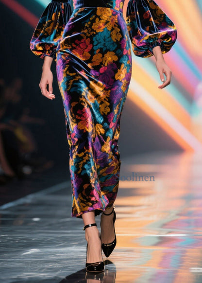 Französisches langes Samtkleid mit V-Ausschnitt, Patchwork-Print und Laternenärmeln