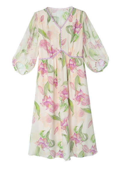 Französische Seidenkleider mit V-Ausschnitt und Laternenärmeln