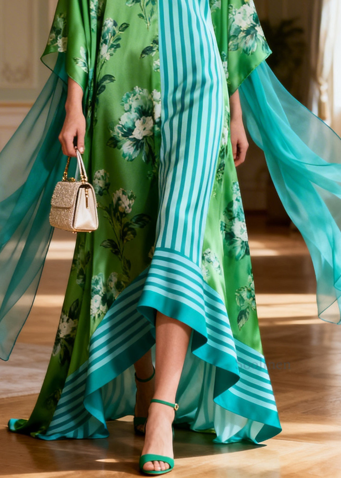 French V Neck Print Striped Patchwork Silk Ankle Dress Summer