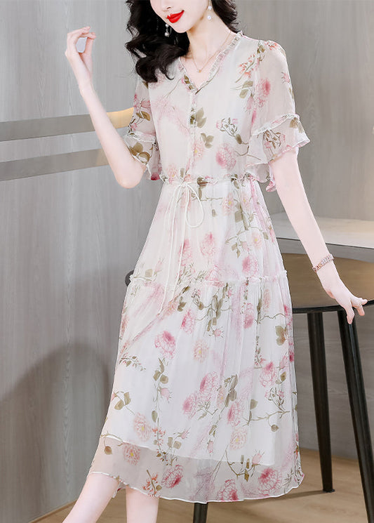 Französisches Seidenkleid mit V-Ausschnitt und Rüschendruck und Schnürung für den Sommer