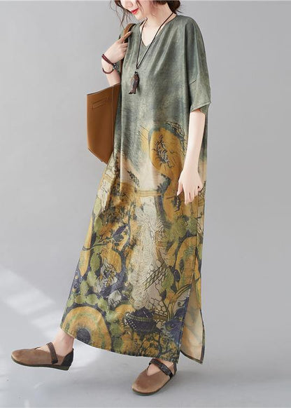 French V Neck Side Open Spring Tunic Dress Peacock Print Kaftan Dress - SooLinen