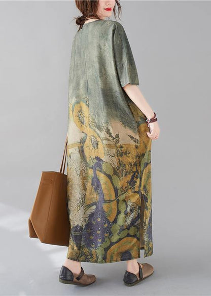 French V Neck Side Open Spring Tunic Dress Peacock Print Kaftan Dress - SooLinen