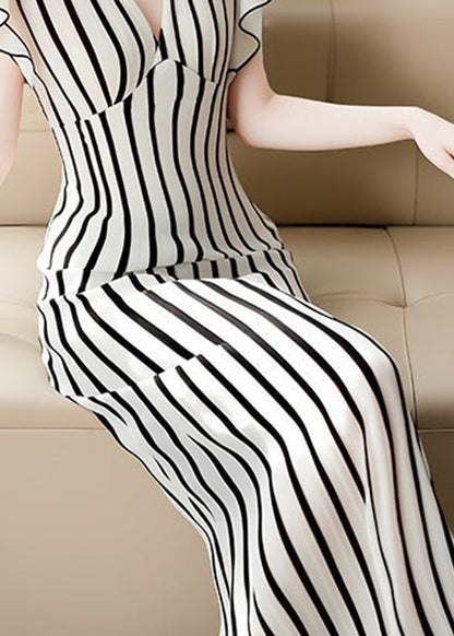 French V Neck Striped High Waist Chiffon Dress Summer