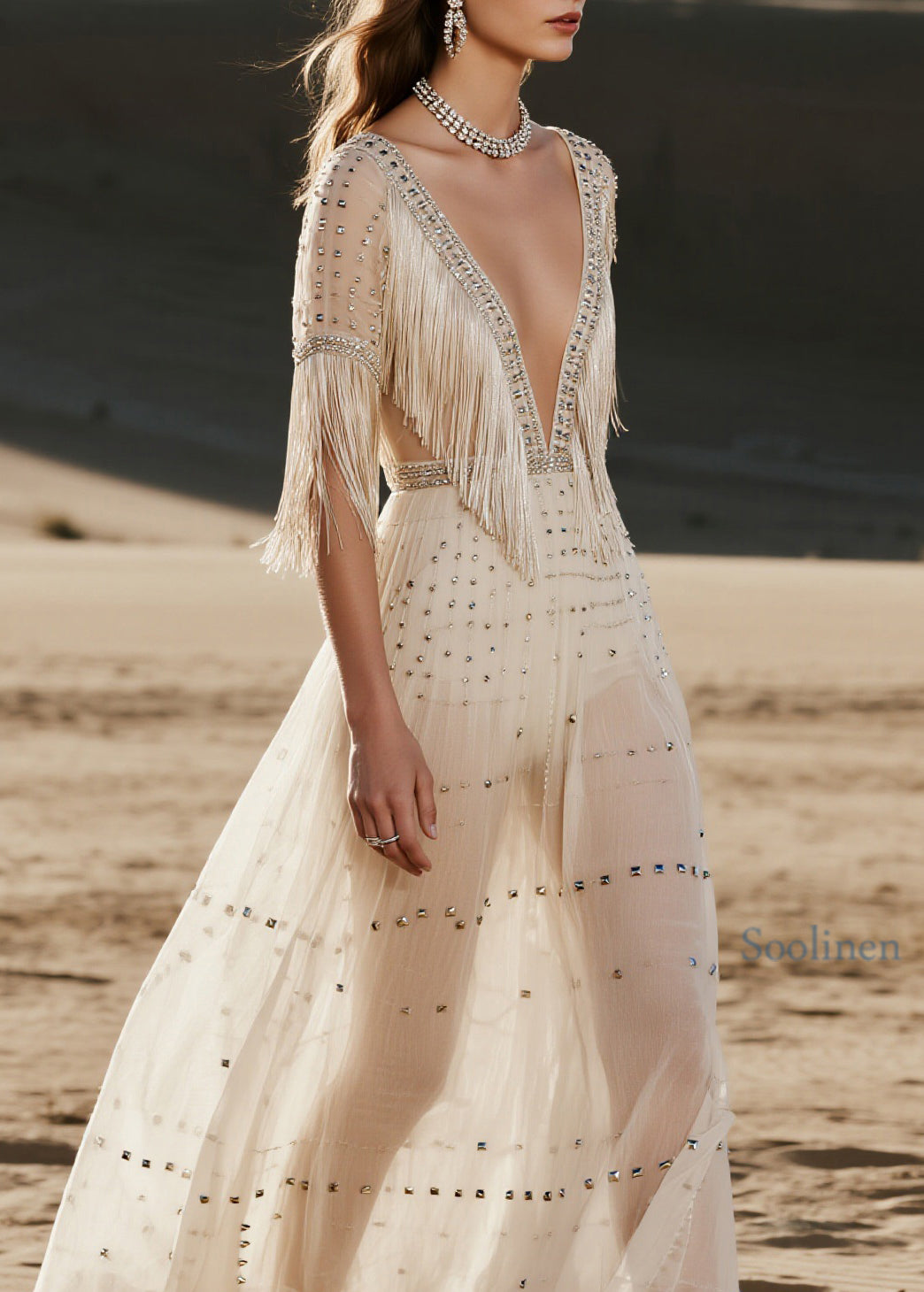 French V Neck Tassel Zircon Rivet Patchwork Chiffon Dress Summer