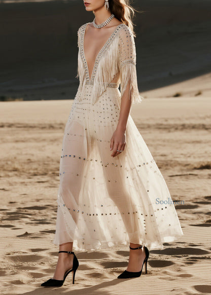 French V Neck Tassel Zircon Rivet Patchwork Chiffon Dress Summer
