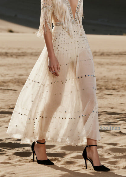 French V Neck Tassel Zircon Rivet Patchwork Chiffon Dress Summer