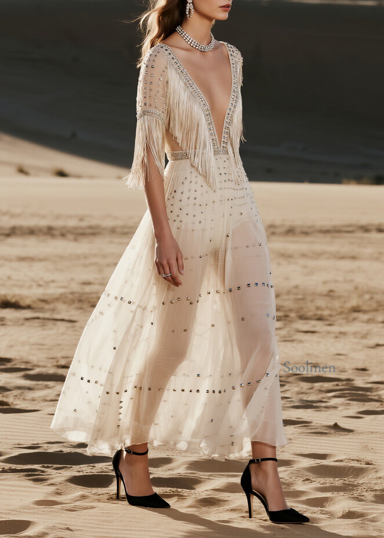 French V Neck Tassel Zircon Rivet Patchwork Chiffon Dress Summer