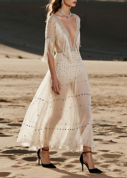 French V Neck Tassel Zircon Rivet Patchwork Chiffon Dress Summer