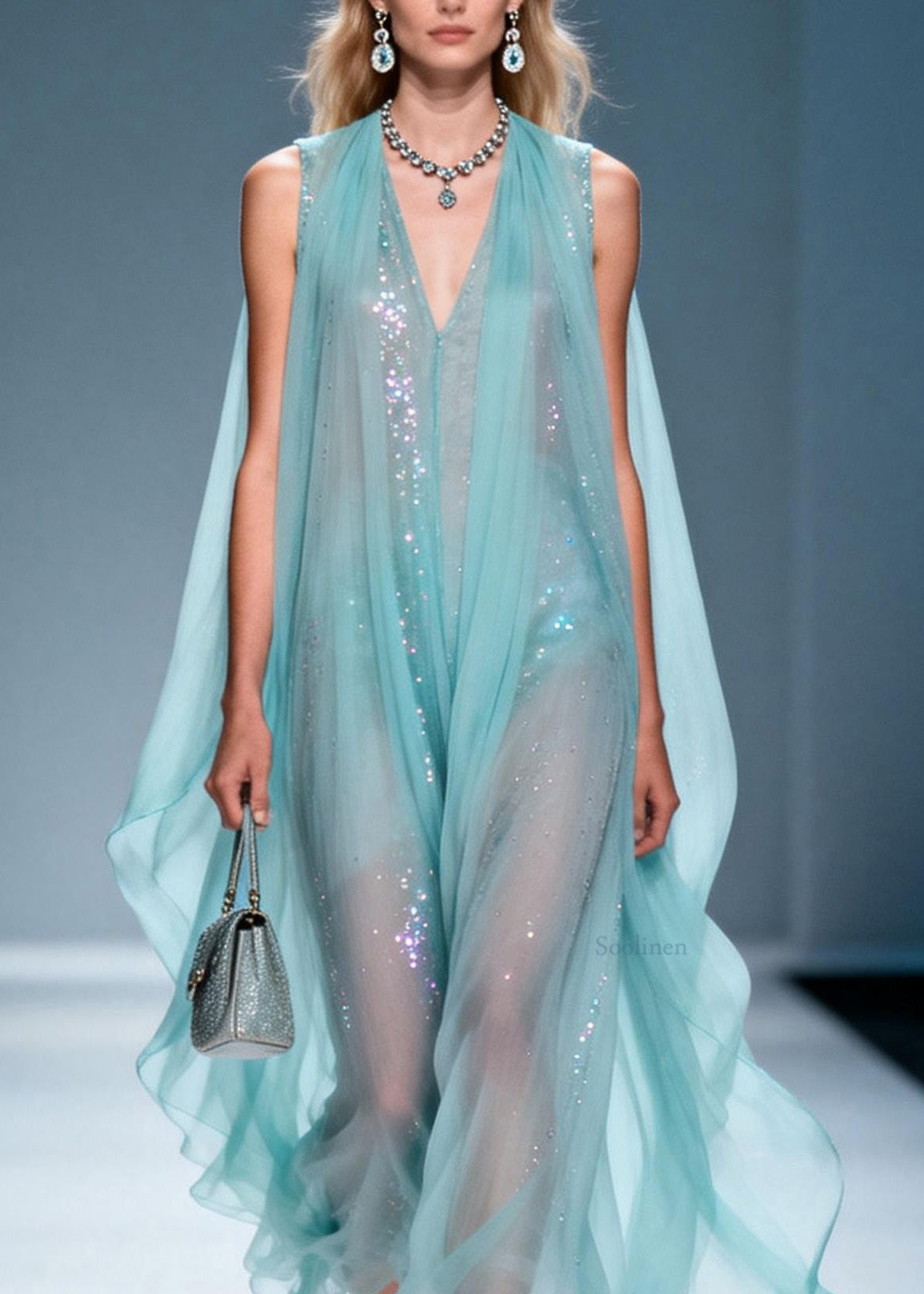French V Neck Zircon Chiffon Robe Dresses Sleeveless