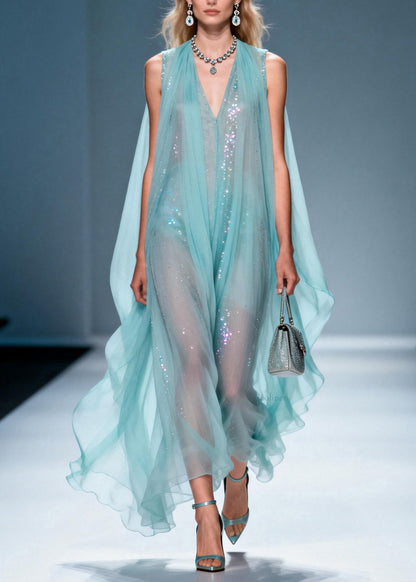 French V Neck Zircon Chiffon Robe Dresses Sleeveless