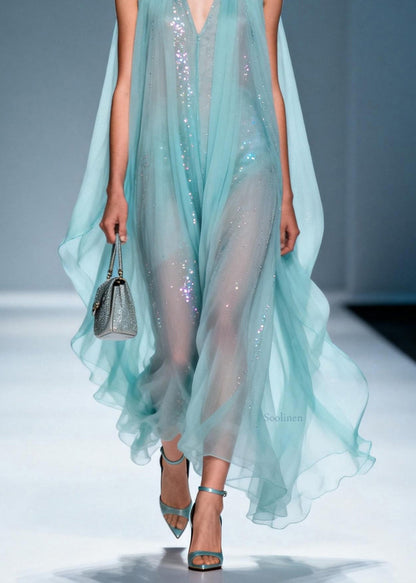 French V Neck Zircon Chiffon Robe Dresses Sleeveless