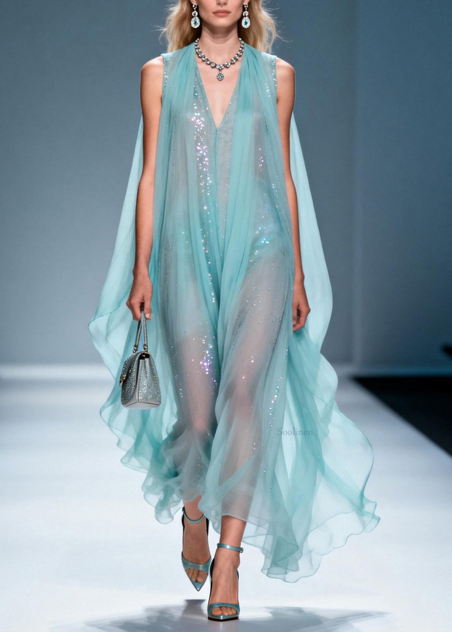 French V Neck Zircon Chiffon Robe Dresses Sleeveless