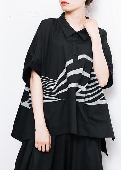 French Vintage Irregular cotton crane tops Stripes High Low Hem Casual T-Shirt - SooLinen