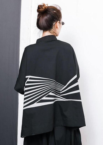 French Vintage Irregular cotton crane tops Stripes High Low Hem Casual T-Shirt - SooLinen