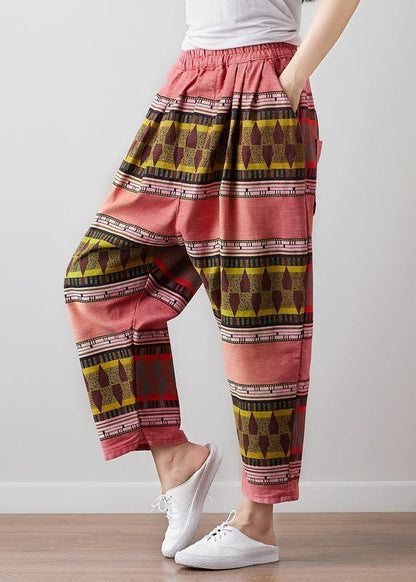 French Vintage red High Waist Pants For Women Pakistani Summer linen clothes - SooLinen