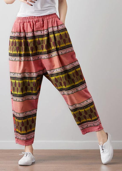 French Vintage red High Waist Pants For Women Pakistani Summer linen clothes - SooLinen