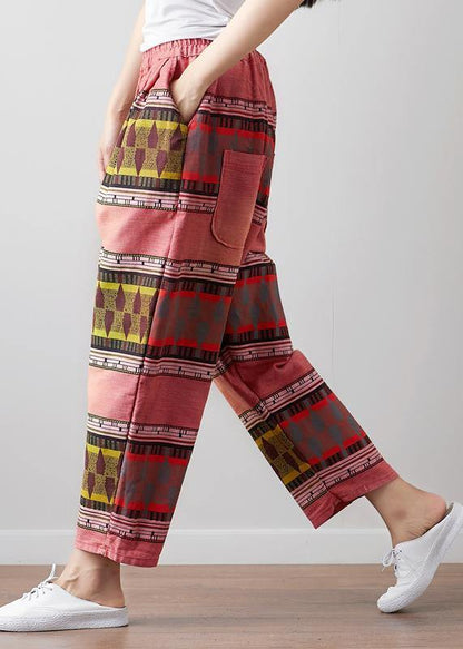 French Vintage red High Waist Pants For Women Pakistani Summer linen clothes - SooLinen