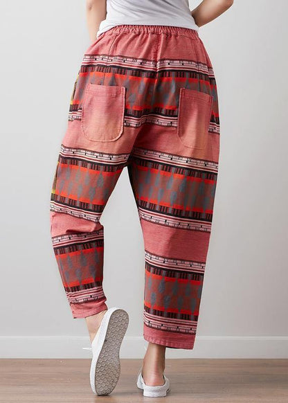 French Vintage red High Waist Pants For Women Pakistani Summer linen clothes - SooLinen