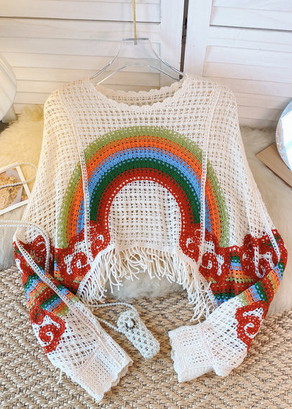 Suéter de punto con estampado de arcoíris ahuecado y borlas azules y blancas francesas de otoño