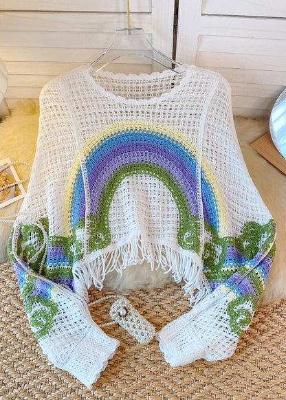 Suéter de punto con estampado de arcoíris ahuecado y borlas azules y blancas francesas de otoño