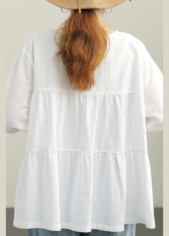 French White Brief Casual Linen Summer Blouse Top - SooLinen