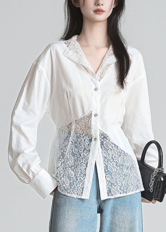 Camisas francesas de algodón con botones blancos, encaje y patchwork para primavera