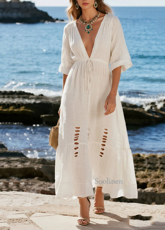 Vestido playero francés de algodón blanco con cintura rasgada para verano
