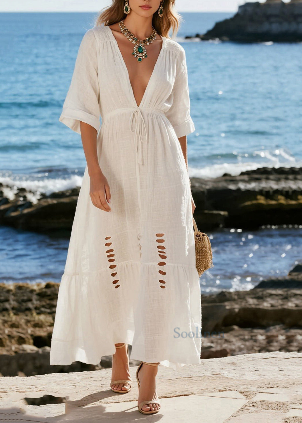 Vestido playero francés de algodón blanco con cintura rasgada para verano