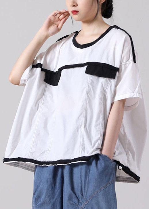 French White Cotton Shirt Tops Summer Short Sleeve - SooLinen