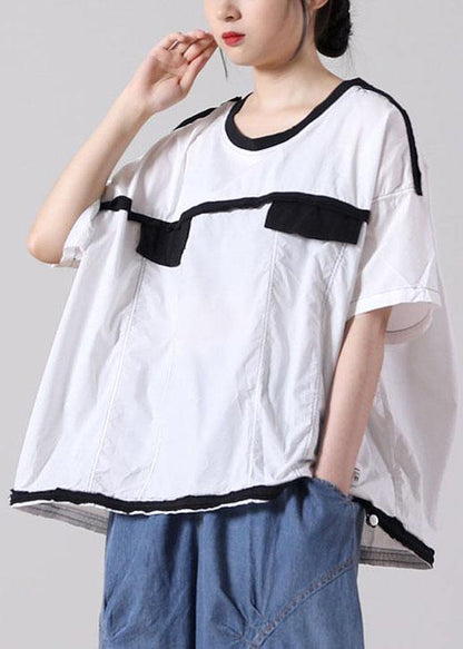 French White Cotton Shirt Tops Summer Short Sleeve - SooLinen