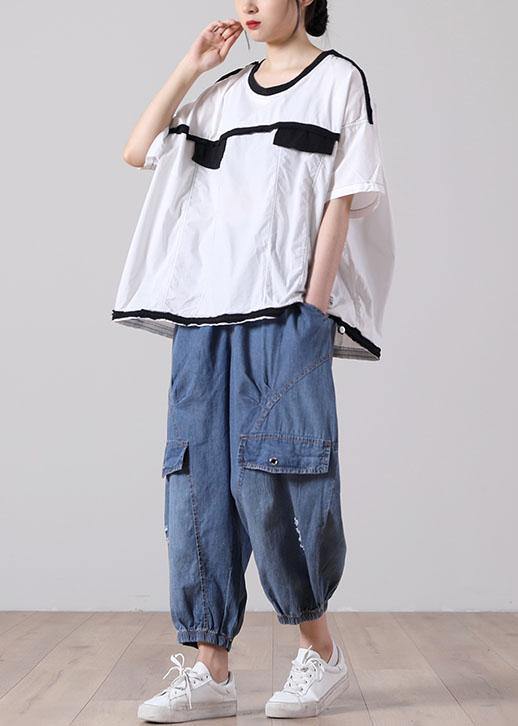 French White Cotton Shirt Tops Summer Short Sleeve - SooLinen