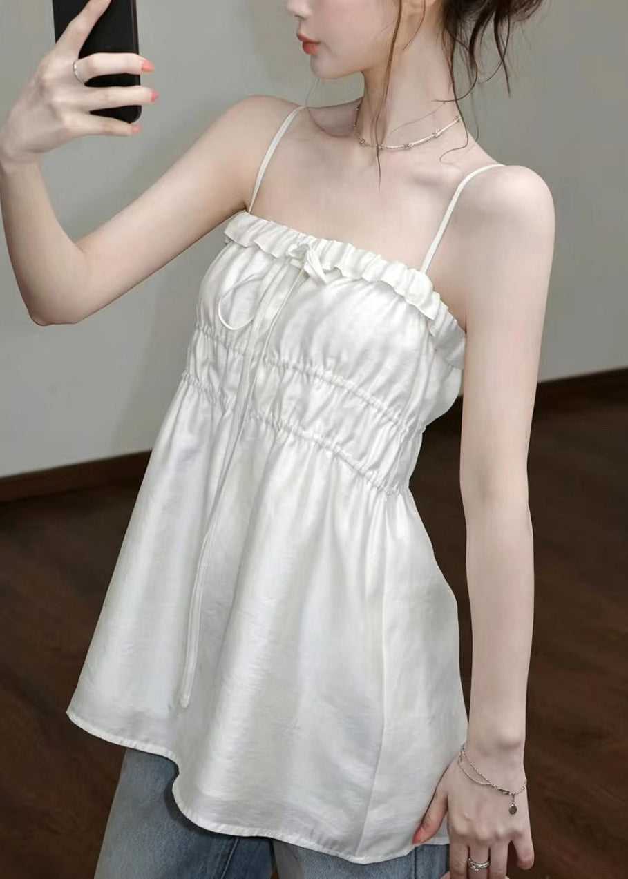 French White Drawstring Cotton Tank Tops Summer
